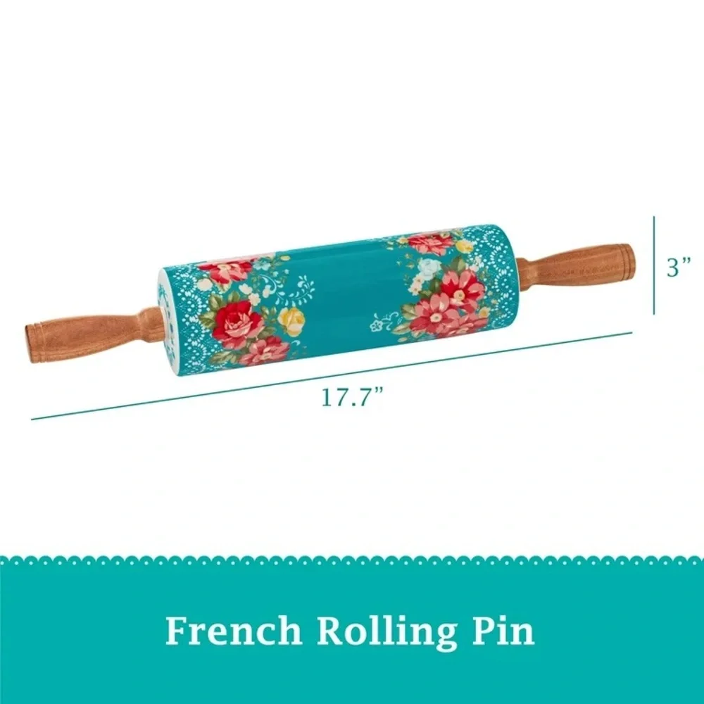 The Pioneer Woman Vintage Floral Ceramic Rolling Pin with Acacia Wood Handles